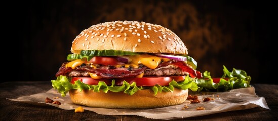 Poster - Delicious sandwich or hamburger with meat, pork ham, cheese, and fresh veggies on a brown paper background in a copy space image. Fast food favorite for brunch or lunch.