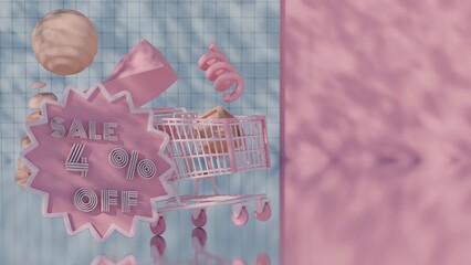 Poster - Abstract 3D Render of Sale - 4 Percent Off with Shopping Cart