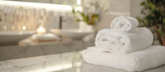 Poster - White towel featured in a spa treatment with an inviting ambiance and a clean, elegant look combined with copy space image.
