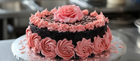 Poster - In a professional kitchen, a birthday cake is adorned with black frosted icing, a real rose topping, pink sweet swirls, and space for a photo.