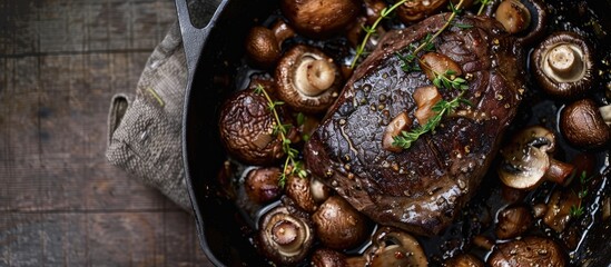 Poster - Venison fillet, roasted with thyme and garlic mushrooms, presented in a skillet against a rustic backdrop with copy space image.