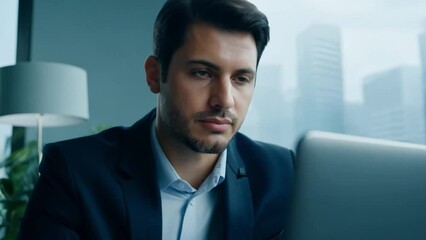 Poster - A businessman works on his computer in an office, overlooking a modern city.