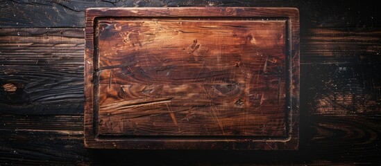 Poster - A wooden cutting board is seen from above on a rustic dark wood countertop, providing a rustic backdrop for a potential copy space image.