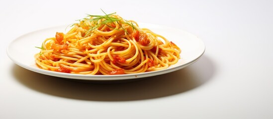 Poster - Spaghetti dish highlighted against a white background with copy space image available.