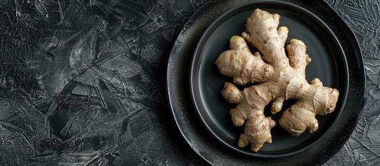 Canvas Print - A sprouted ginger root placed on a black plate with copy space image.