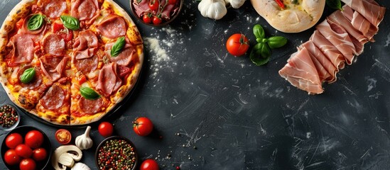 Poster - Italian pizza with assorted toppings like meats, veggies, and cheese for all seasons displayed on a dark stone table in a top view setup ideal for a copy space image.
