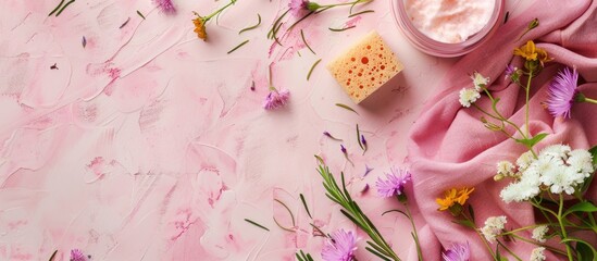 Sticker - Pink cloth background with cosmetic creams, luffa sponge, and herbal flowers creates a picturesque setting for a copy space image.