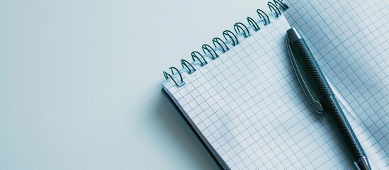 Poster - Business concept with a close-up of an empty notebook beside a black pen against a copy space image.