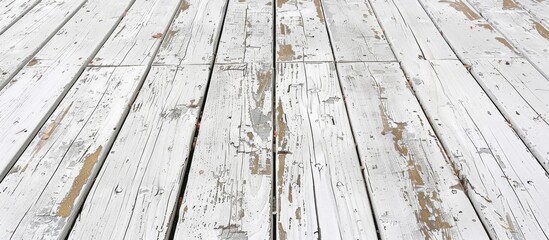 Sticker - A white-painted wooden floor with peeling around the plank in the image with copy space.