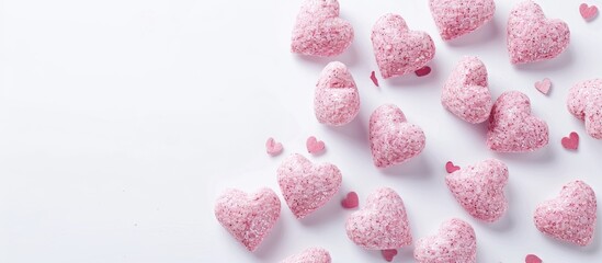 Poster - A Studio-shot image featuring pink hearts on a white background with ample copy space image for text or designs.