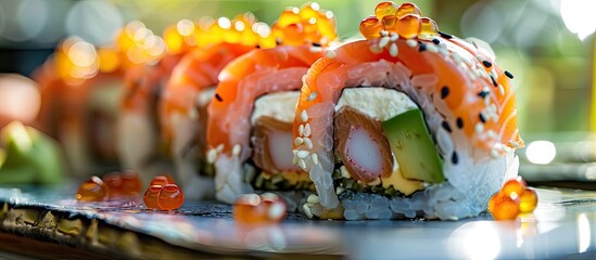 Poster - A colorful sushi roll featuring salmon, eel, tuna, avocado, cream cheese, prawn, caviar, and chuka displayed on a sushi menu with a beautiful copy space image.