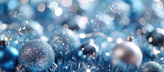 Poster - Blurry blue and silver glittering bulbs create a festive Christmas backdrop, ideal for holiday celebrations or any festive occasion, with a sparkling circle of lights, perfect as a copy space image.