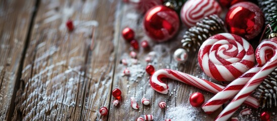 Poster - Assorted candies like lollipops and candy canes displayed on a wooden backdrop with copy space image.