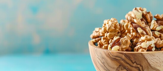 Poster - Close-up of walnut kernel halves in a wooden bowl on a colored background, emphasizing healthy eating and superfoods with a copy space image.