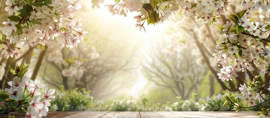 Poster - Springtime brings the enchanting sight of cherry blossoms blooming amidst lush greenery, creating a beautiful natural backdrop with room for a copy space image.