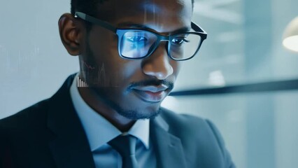 Fototapete - A businessman in a suit and tie works on a laptop computer. A stock market chart overlay appears on his chest.