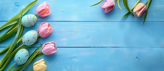 Poster - Top view of colorful pastel Easter eggs with a tulip bouquet on a light blue wooden surface in a simple Easter greeting card background with available copy space image.