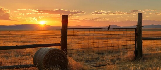 Poster - Sunset over a golden prairie with rolled hay field, wire fence, wooden gate, and bird on post in the image with copy space.