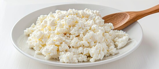 Wall Mural - Soft, healthy cottage cheese on a white plate with a wooden spoon, set against a clean white background. Ideal for a nutritious breakfast or diet, perfect for copy space image.