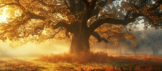 Aufkleber - Beautiful autumn scenery with a majestic oak tree and green leaves at sunrise, surrounded by morning fog, makes for a picturesque nature scene, ideal for copy space image.