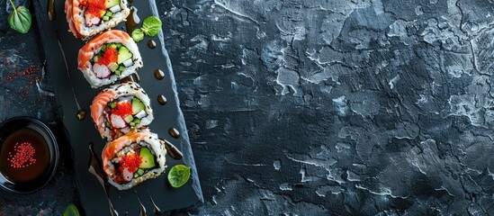 Poster - Uramaki sushi rolls displayed on a slate board with copy space image.