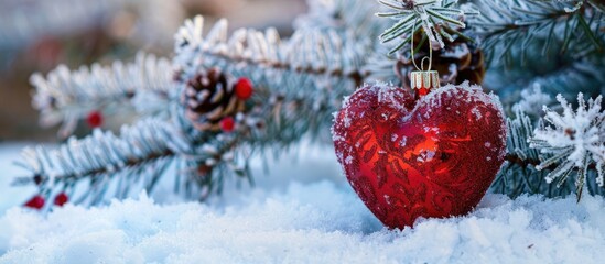 Fototapete - A Christmas decoration adorned with a red heart, set against a snowy backdrop, providing an ideal copy space image.