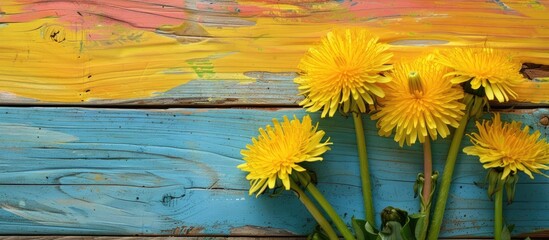 Aufkleber - dandelions in yellow on colorful wooden backdrop with copy space image.