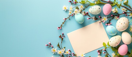 Poster - Colorful background with Easter eggs, flowers, and a blank card for copy space image.