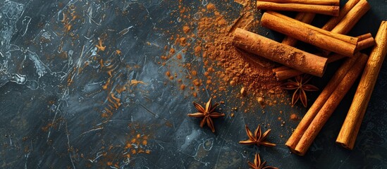 Sticker - Cinnamon sticks and ground powder in a setting with empty space for additional elements in the image.