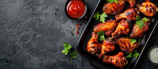 Poster - View from the top showing grilled spicy chicken wings in Mexican or Chinese style with ketchup on a black metal tray, along with copy space image.