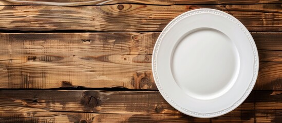 Wall Mural - A white plate placed on a wooden table with ample copy space image included.