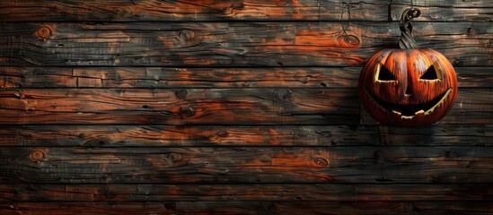 Poster - Wooden background displaying a pumpkin head with a suitable area for additional image or text.