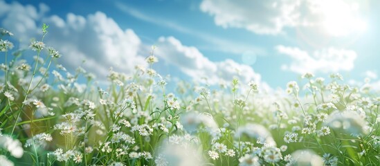 Poster - A bright sunny day backdrop showcases delicate white meadow flowers, creating a serene landscape with a distinctive copy space image.