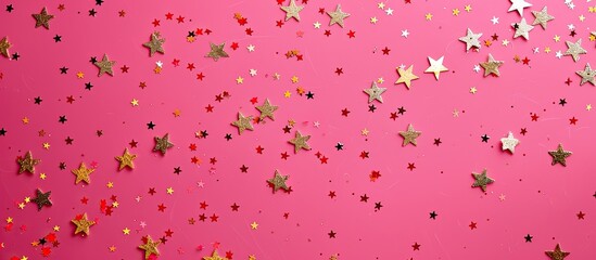 Aufkleber - Festive holiday background with small gold stars against a pink crimson magenta backdrop in a top view composition. Celebration theme with copy space image.