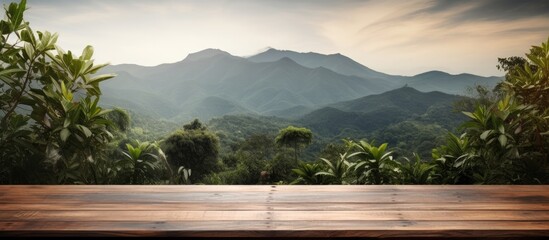 Fototapete - Wooden table with mountain view or desk with plant backdrop, allowing room for text, like a copy space image.