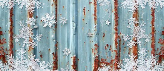 Poster - Winter snowflakes on a painted metal profiled wall in a copy space image.