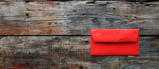 Aufkleber - A red envelope with a blank paper placed on top against a rustic wooden backdrop, creating a composition with copy space image.