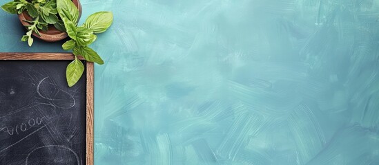 Fototapete - Flat lay image of a chalkboard-style menu template on a blue paper background, with room for text or graphics.