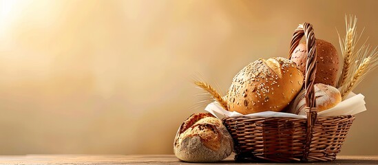 Poster - Composition of various types of bread in a wicker basket with copy space image.