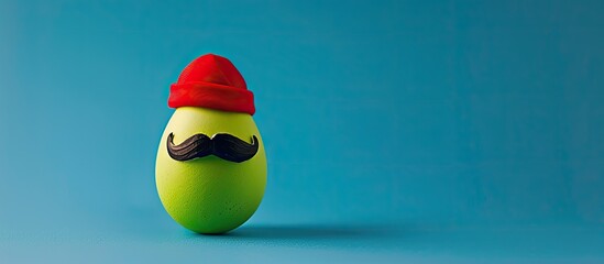Poster - Close-up photograph of a festive green mustache egg wearing a red cap on a blue backdrop, ideal for an Easter copy space image with a minimalistic design concept.