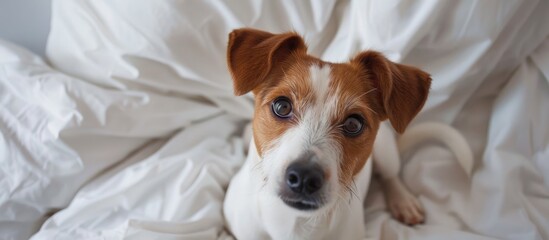 Poster - Charming Jack Russell Terrier looking up at the camera from the bed in an overhead shot, with an engaging gaze captured in the copy space image.