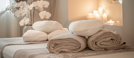 Poster - The treatment table is adorned with pillows and towels, creating a serene atmosphere with the potential for a copy space image.