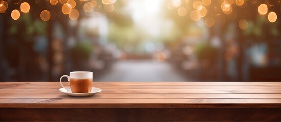 Poster - The central focus is an empty brown wooden table set against a blurred Coffee shop background with bokeh effect for showcasing products in a copy space image.