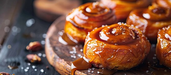 Poster - Close-up horizontal image of homemade pumpkin cinnabons drizzled with cane sugar caramel on a dark wooden table, with room for text or graphics in the shot.