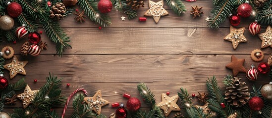 Poster - Rustic wooden board adorned with fir branches, Christmas ornaments, and cookies, forming a festive holiday background frame with empty space for text or images.