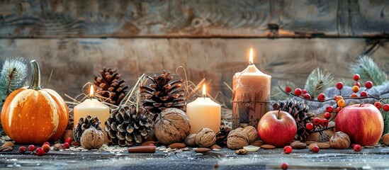 Poster - Rustic wood background with a variety of Thanksgiving decorations like pumpkins, nuts, oats, pine cones, apples, and candles, creating a warm atmosphere for your copy space image.