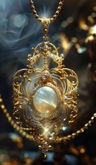 Canvas Print - A golden moonstone pendant with intricate carvings and delicate diamonds, reflecting the soft glow of its iridescent white color