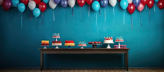 Aufkleber - Table set up with colorful streamers, cupcakes, and a blank area suitable for adding an image.