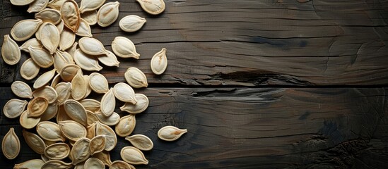 Wall Mural - Arrangement of pumpkin seeds on the left side of the photo, set against a dark wooden backdrop, creating a visually appealing copy space image.