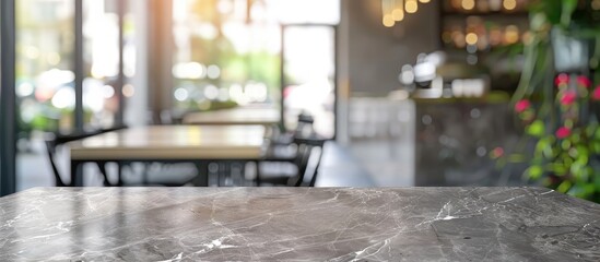 Aufkleber - Empty table space with a grey Emperador marble stone tabletop on a blurred cafe minimal kitchen counter in a bright color mood for product display with copy space image.